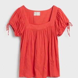 Free People Coral Red Square-Neck Peasant Blouse